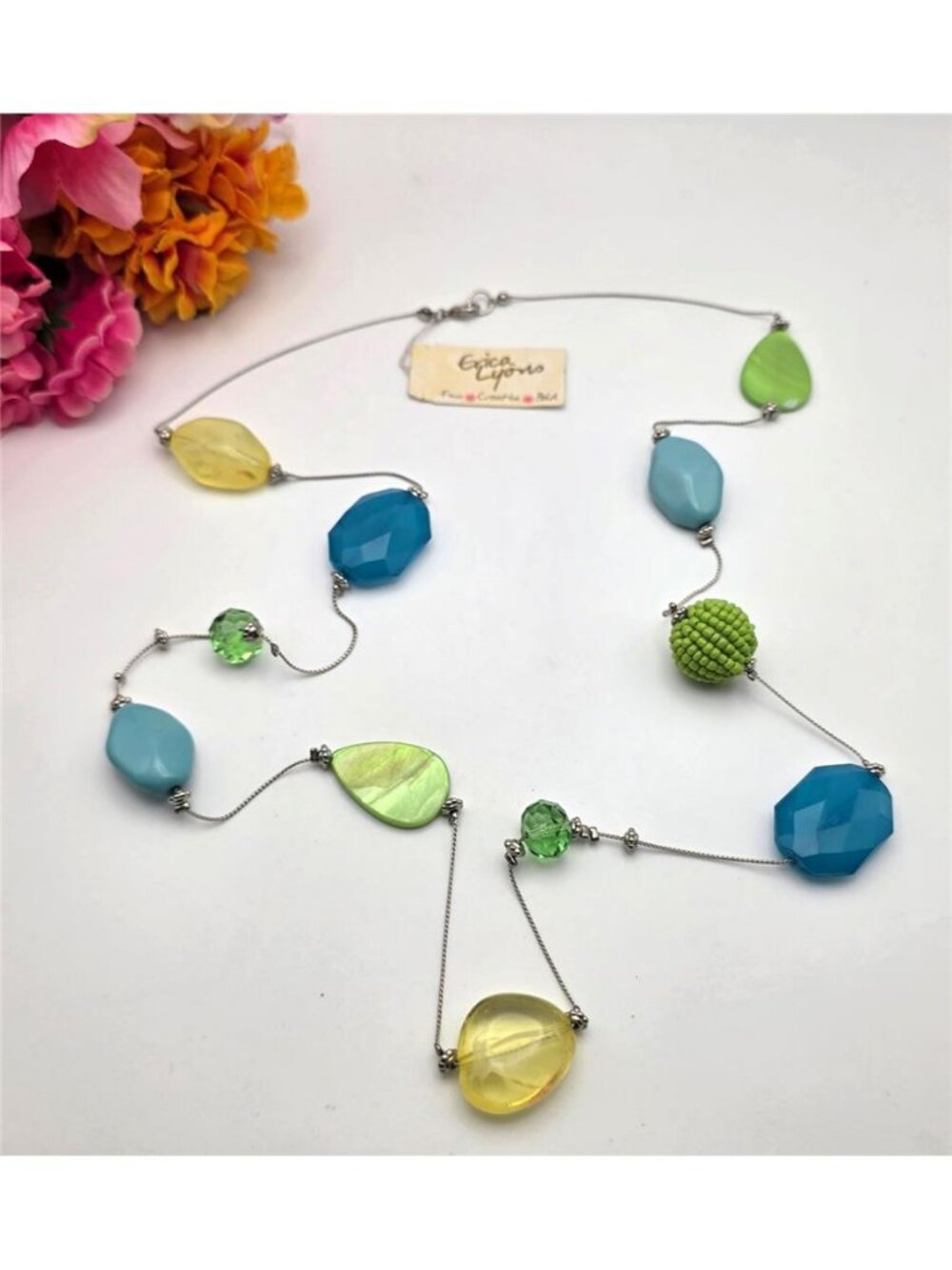 Erica Lyons 38 In Blue Green Acrylic Bead Station Necklace Silver Tone NWT